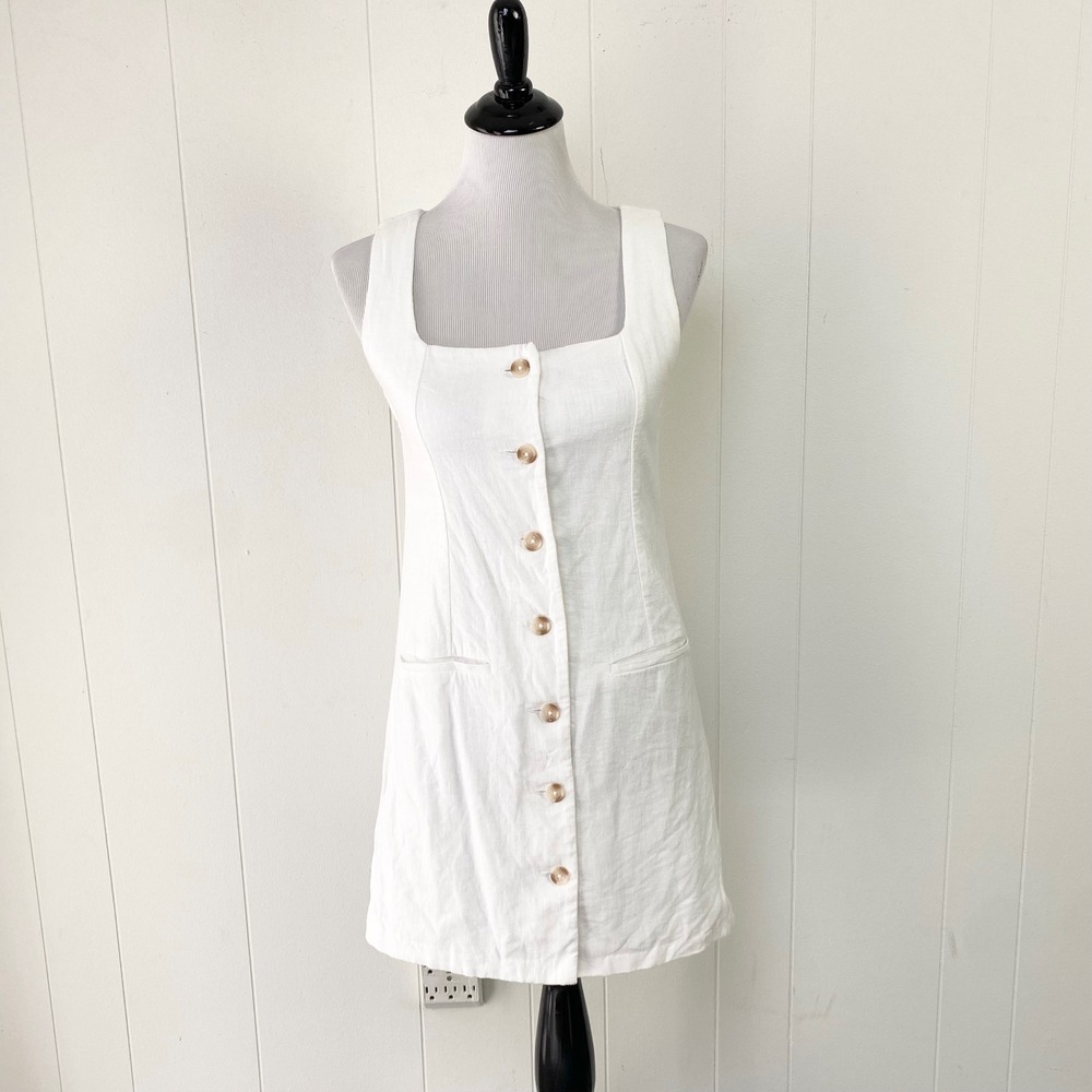 Abercrombie‎ & Fitch White Linen Blend Button Front Mini Dress Square Neck XS